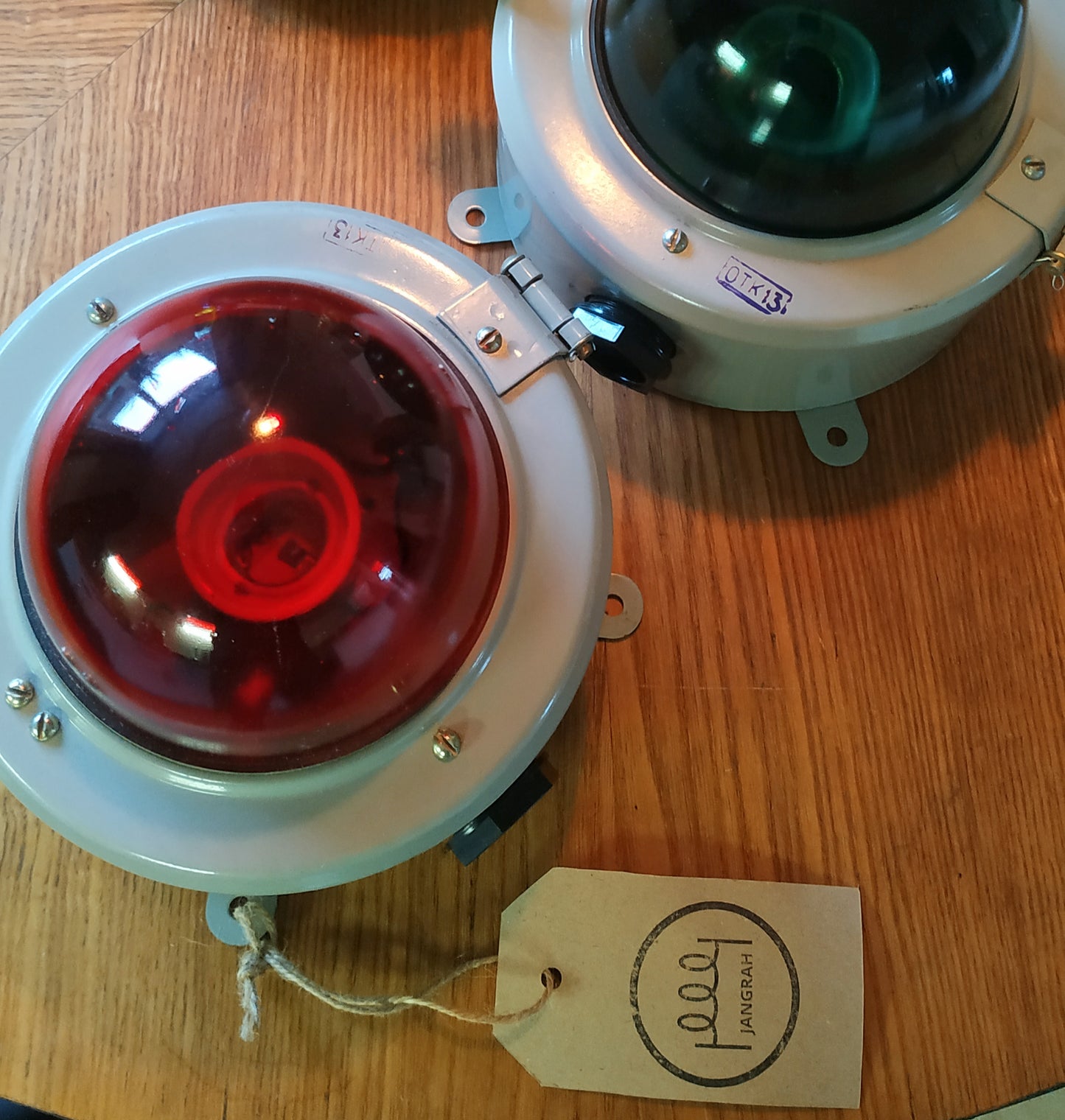 Vintage industrial Soviet signal lamp red, green glass dome lighting