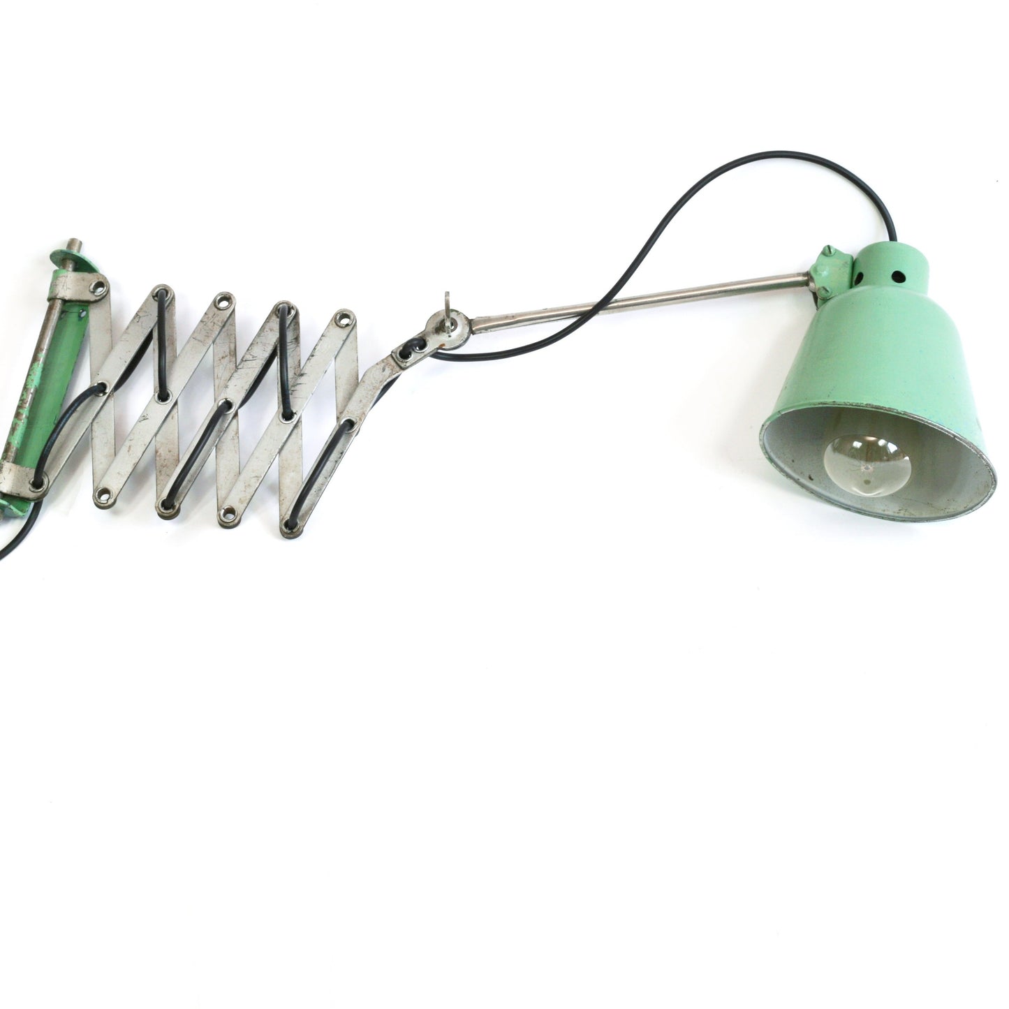 Soviet workshop scissor wall lamp | Adjustable wall lighting, green painted shade | USSR industrial factory light, Soviet scissor wall lamp