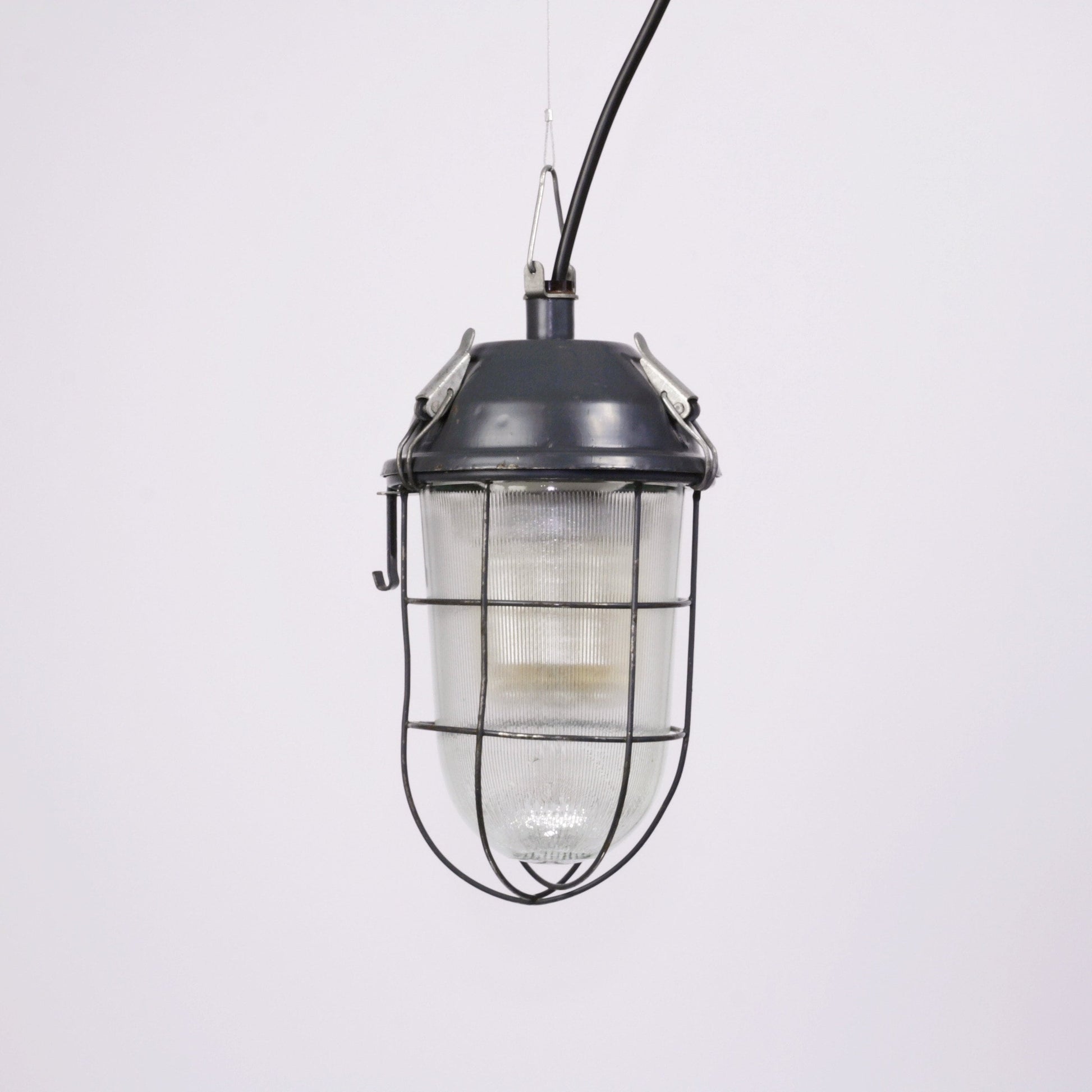 Vintage caged pendant USSR industrial lamp / Soviet light / Industrial caged lamp fixture / Factory bunker ceiling lighting with glass dome