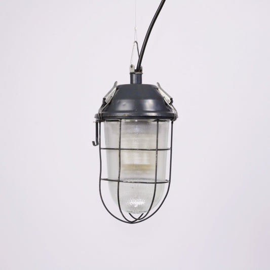 Vintage caged pendant USSR industrial lamp / Soviet light / Industrial caged lamp fixture / Factory bunker ceiling lighting with glass dome