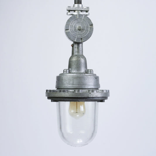 Vintage industrial Soviet USSR explosion-proof pendant light | Industrial lamp fixture in aluminum with clear glass dome and junction box