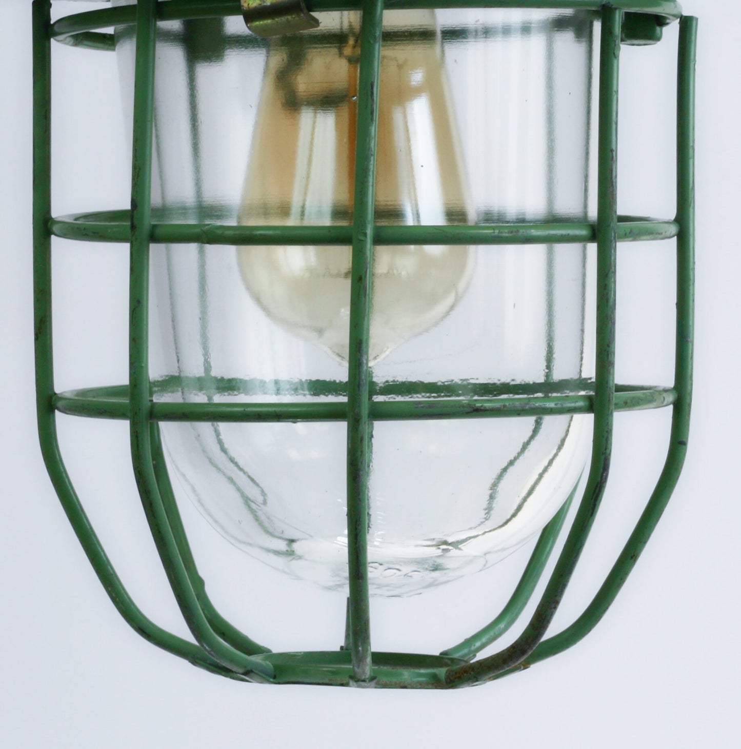 Vintage Soviet USSR industrial green cage light fixture | Pendant hanging lighting | Explosion proof lamp in aluminium with clear glass dome