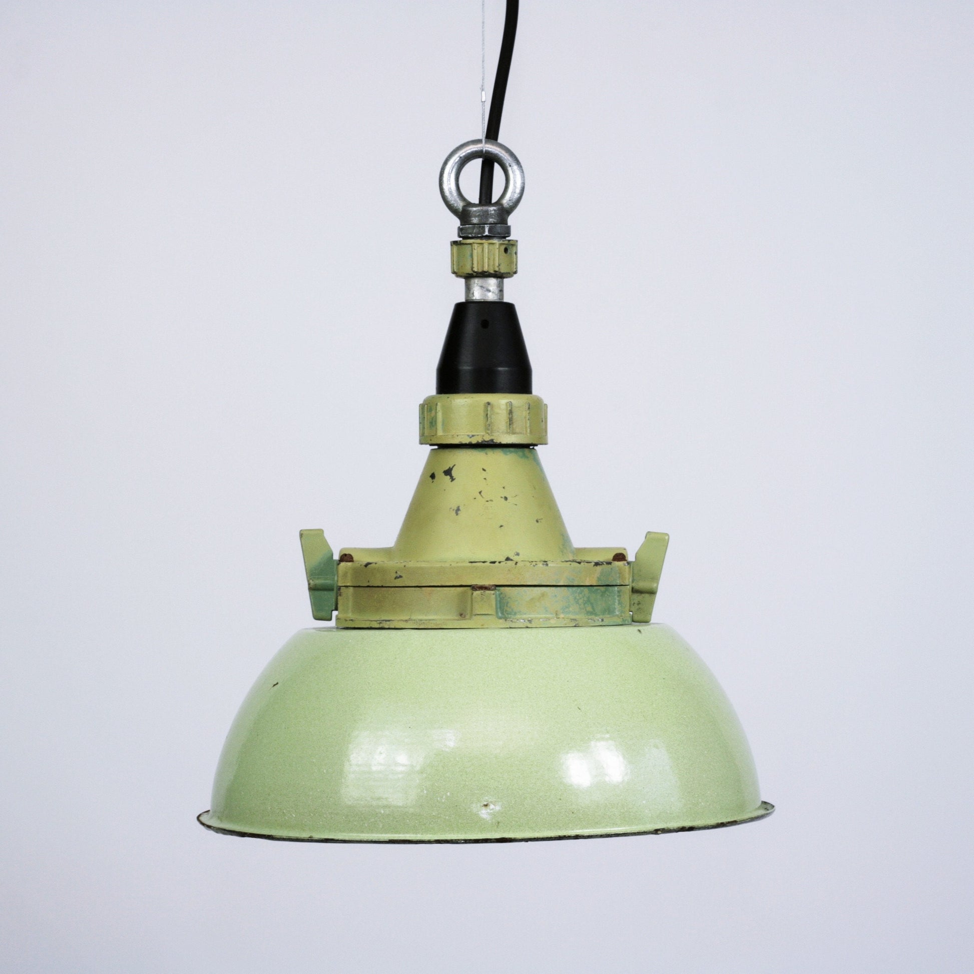 Vintage industrial Soviet USSR factory pendant hanging chandelier ceiling lamp, enamel shade light , bakelite lights, glass dome, aluminium