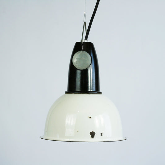 Vintage industrial lighting Soviet pendant lamp | Mini USSR white enamel pendant light | Ceiling hanging lighting fixture with bakelite