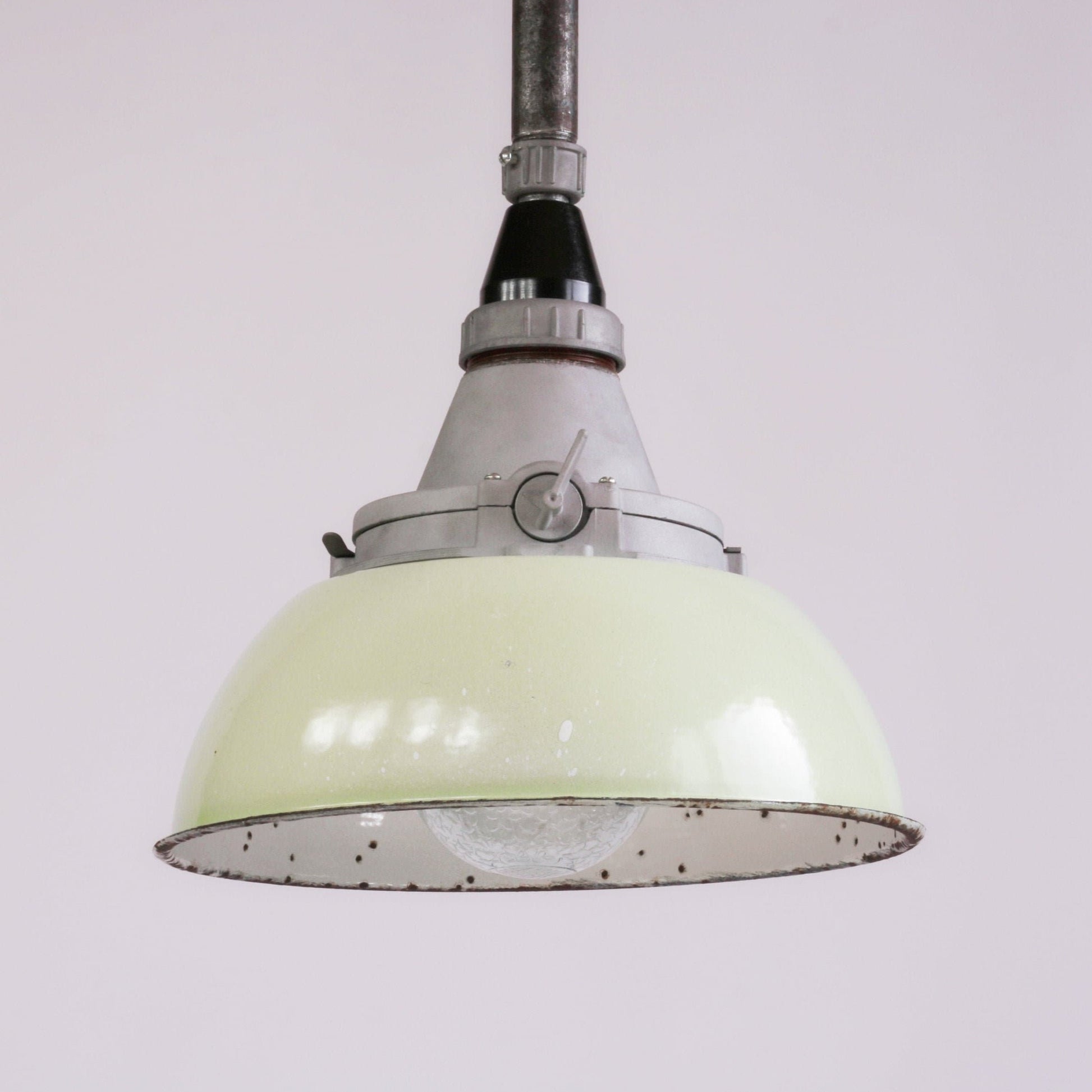 Vintage industrial Soviet Union USSR factory pendant chandelier ceiling lamp with green enamel shade light, bakelite glass lighting ceiling