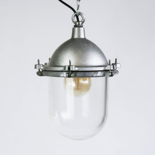 Vintage industrial Soviet pendant hanging ceiling lighting | USSR industrial lamp in aluminum with clear glass dome | Bunker light fixture