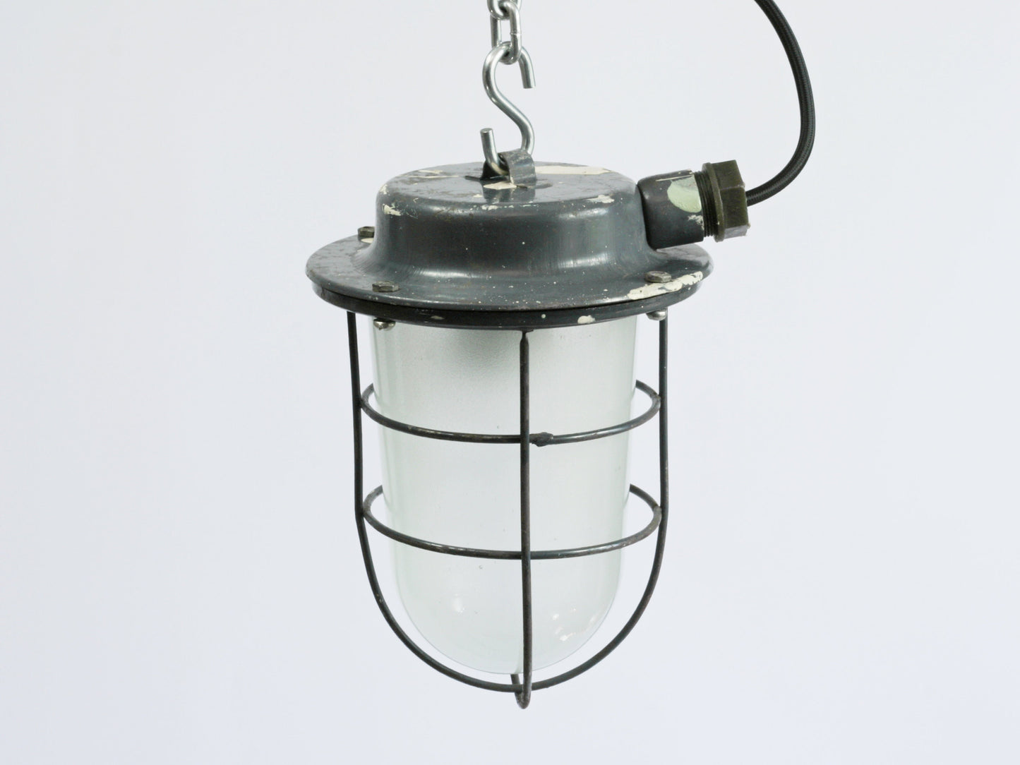 Vintage Soviet cage industrial lamp with etched glass / USSR industrial pendant light fixture / Soviet factory hanging lighting with glass