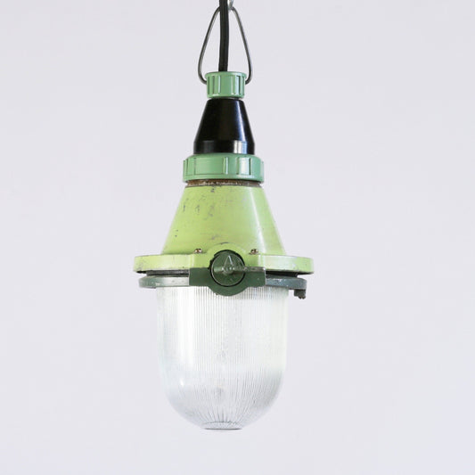 Bright green pendant light industrial lamp shade - Soviet vintage lamp in aluminum with glass dome lampshade / Farmhouse industrial lighting