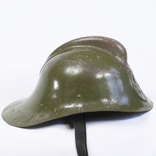 Various antique original Soviet Union firefighter helmet | Vintage green metal USSR fireman helmet | safety equipment circa 1930s-1970s