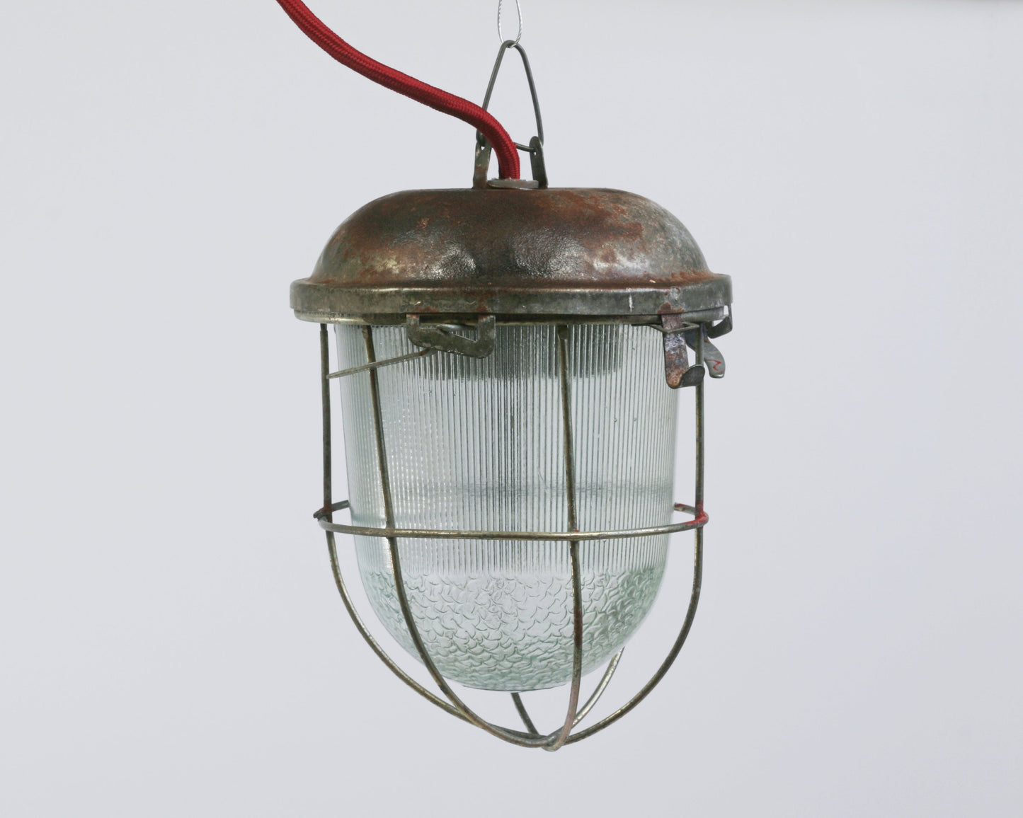 Vintage Soviet lamp with rust patina, Small Rusted factory lamp, Hanging industrial light, Soviet cage industrial pendant ceiling lighting