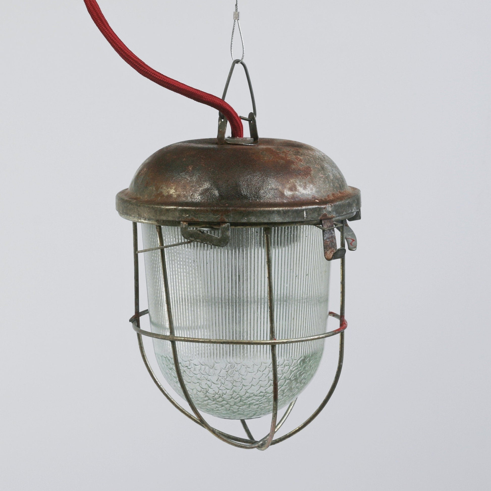 Vintage Soviet lamp with rust patina, Small Rusted factory lamp, Hanging industrial light, Soviet cage industrial pendant ceiling lighting