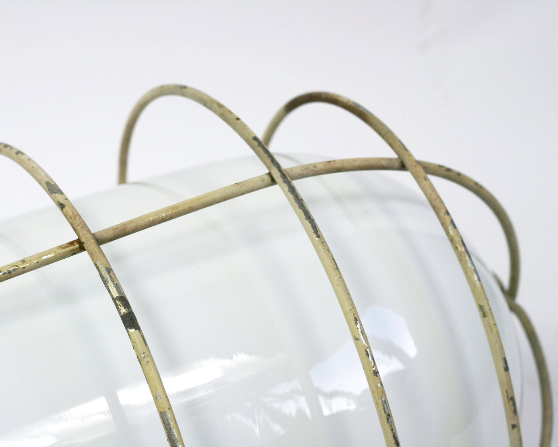 Vintage industrial wall lamp scone with opaline glass dome and cage | Marine wall scone | Nautical light fixture - wall ceiling yellow lamp