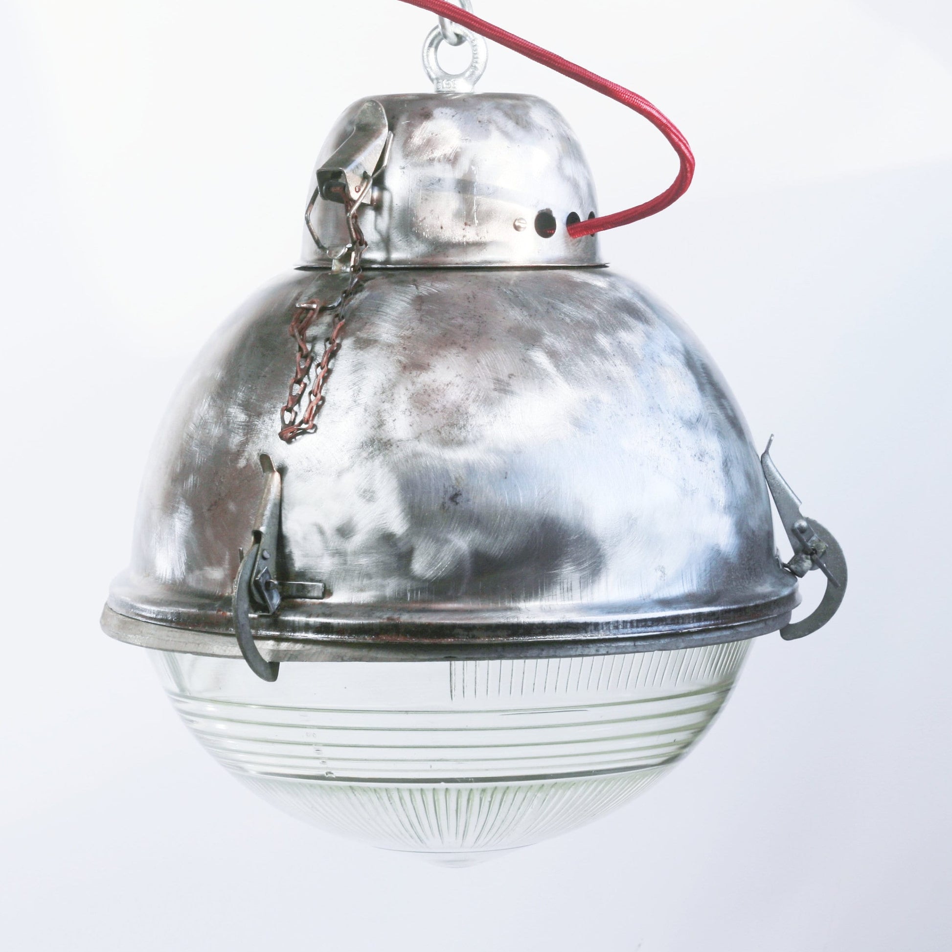 Vintage Soviet USSR industrial pendant light lamp fixture with prismatic glass dome, brushed surface, ball shape industrial lighting fixture